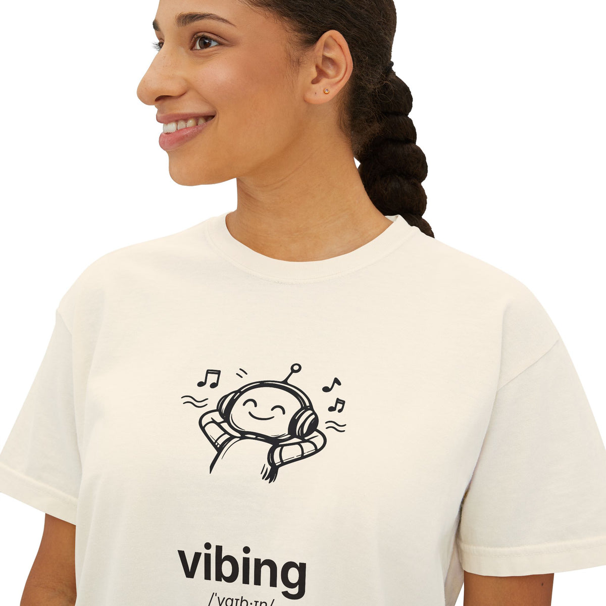 Vibing Headphones Boxy Tee — “vibing” Claudizm Graphic